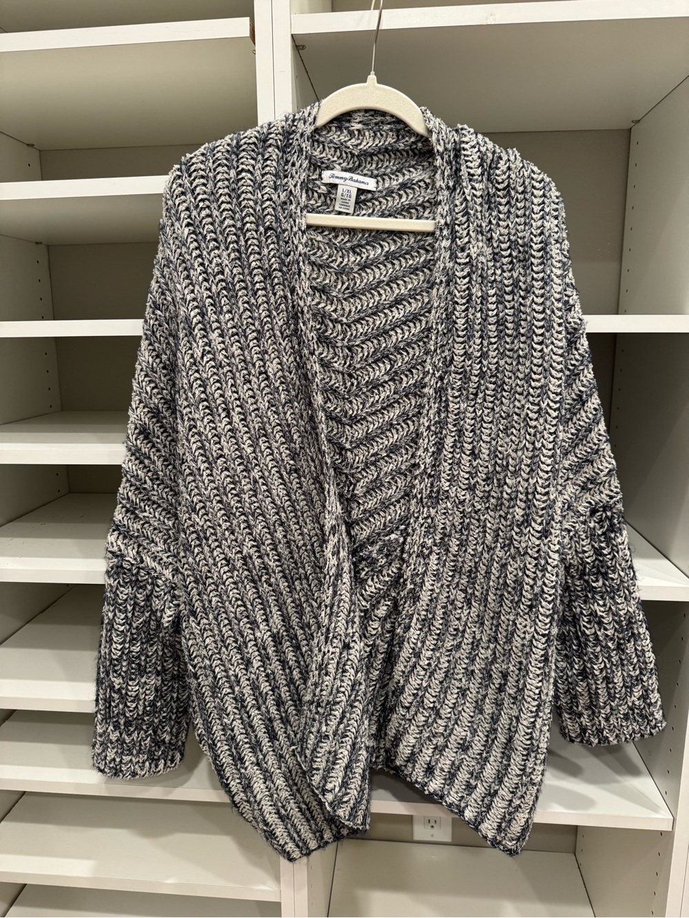 Tommy Bahama Open-Front Marled Cardigan, Wide, Draped Shawl Collar, Size L/XL
